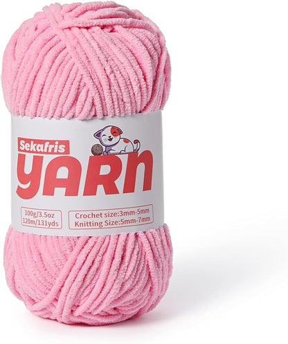 Plush Chunky Chenille Yarn for Crocheting, Soft Fluffy Velvet Yarn for Crocheting, Fuzzy Baby Blanket Knitting Yarns, 100g/131yds Bulky Amigurumi Yarns（Deep Pink）
