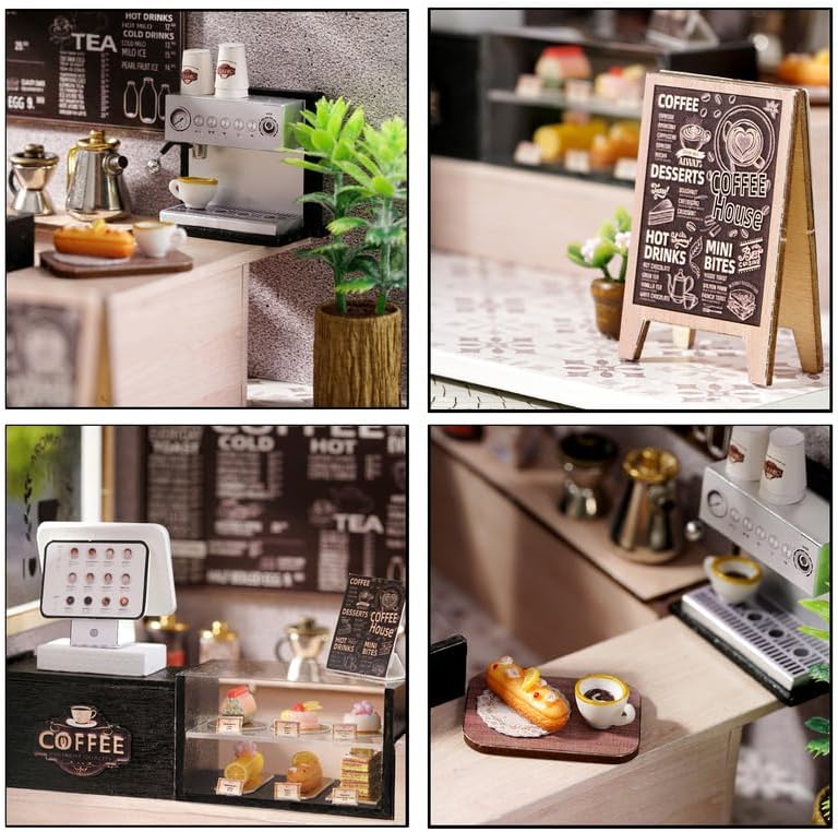 CUTEROOM DIY Miniature House Kit - Mini Craft Rooms for Adults with LED Lights, Realistic Mini Dollhouse Kit Building Model Kit, Creative Home Decor Gift- Leisure Coffee Shop - Image 6
