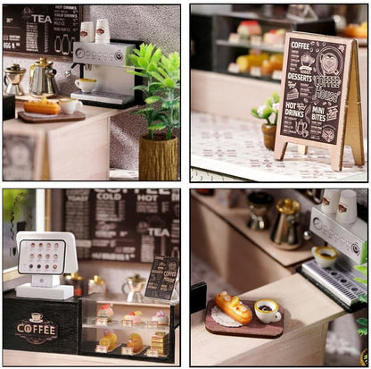 CUTEROOM DIY Miniature House Kit - Mini Craft Rooms for Adults with LED Lights, Realistic Mini Dollhouse Kit Building Model Kit, Creative Home Decor Gift- Leisure Coffee Shop - Image 6