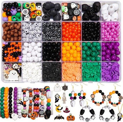 2100+PCS Halloween Beads Kit for Jewelry Making, Spooky DIY Crafts with Clay Charms Acrylic Rounds Pearls Pumpkin Skull Beads Ghost Witch Hat Bat Charms DIY Halloween Bracelets Necklace Earrings Craft by JHYlilia
