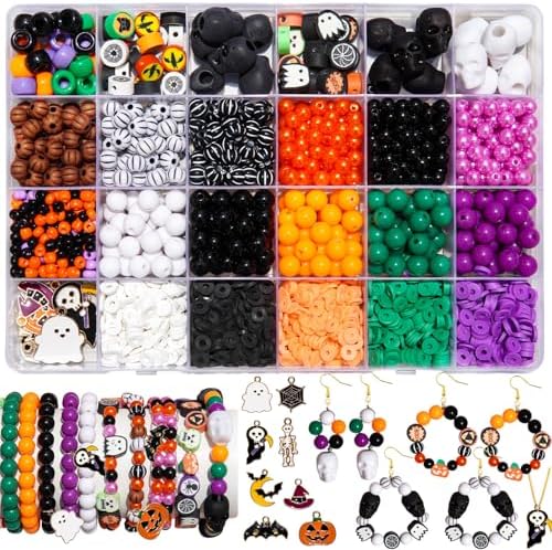2100+PCS Halloween Beads Kit for Jewelry Making, Spooky DIY Crafts with Clay Charms Acrylic Rounds Pearls Pumpkin Skull Beads Ghost Witch Hat Bat Charms DIY Halloween Bracelets Necklace Earrings Craft by JHYlilia