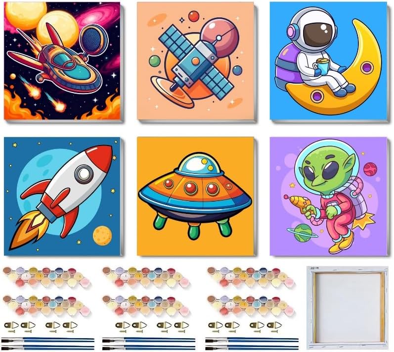 MXCFZX 6 Pack Paint by Numbers Kit for Kids with Frame,Cartoon Rocket Ship Painting Kits for Ages 6-12,Alien Easy DIY Acrylic Paint by Number Kids Paint for Beginner,Perfect for Wall Decor(8X8inch) by MCCFZX