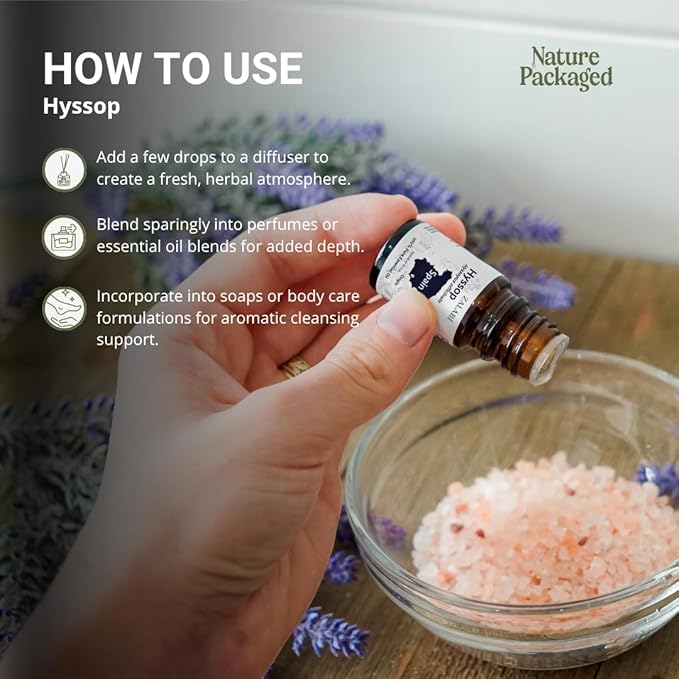 Nature Packaged Hyssop Essential Oil - Direct from Aromáticas Zalabí Spain - Steam Distilled - Aceite de Hisopo for Aromatherapy, Massage, Diffuser, DIY Candle and Soap Making - 5ml