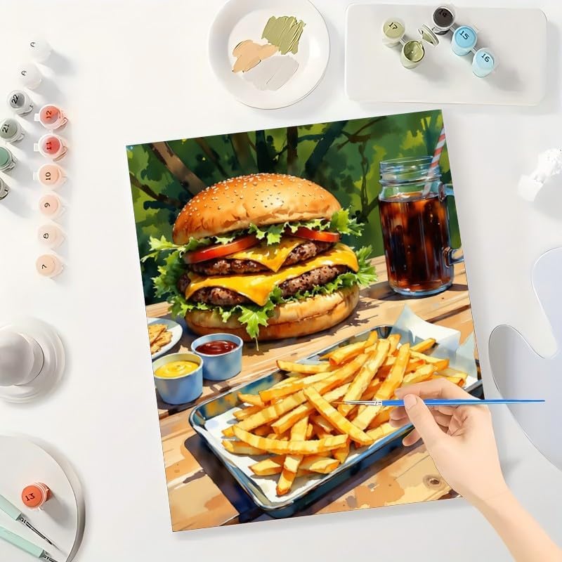 Food Paint by Numbers Kit for Adults - DIY Cheeseburger with Fries and Soda Painting on Canvas 12x16In, Framed Acrylic Paint Set, Suitable for Beginners, Fun Art for Home Decoration or Gifts - Image 3
