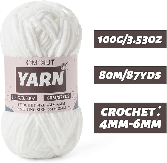 Snow White Fluffy Chenille Yarn for Crocheting - Baby Yarn for Crocheting Soft Blanket - (100g/87.4yds) Crochet Amigurumi Chunky Yarns - Super Bulky 5 Velvet Yarns