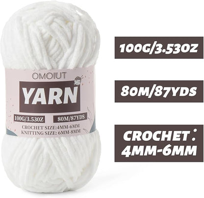 Snow White Fluffy Chenille Yarn for Crocheting - Baby Yarn for Crocheting Soft Blanket - (100g/87.4yds) Crochet Amigurumi Chunky Yarns - Super Bulky 5 Velvet Yarns