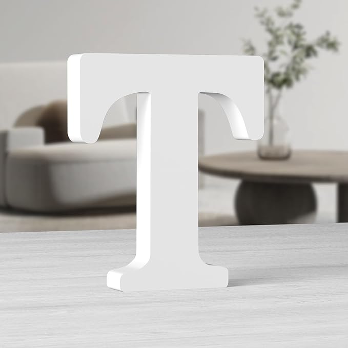 AOCEAN 10 Inch White Big Wood Letters, Unfinished Wooden Letters for Wall Decor Decorative Standing Letters Slices Sign Board Decoration for Craft Home Party Projects (T)