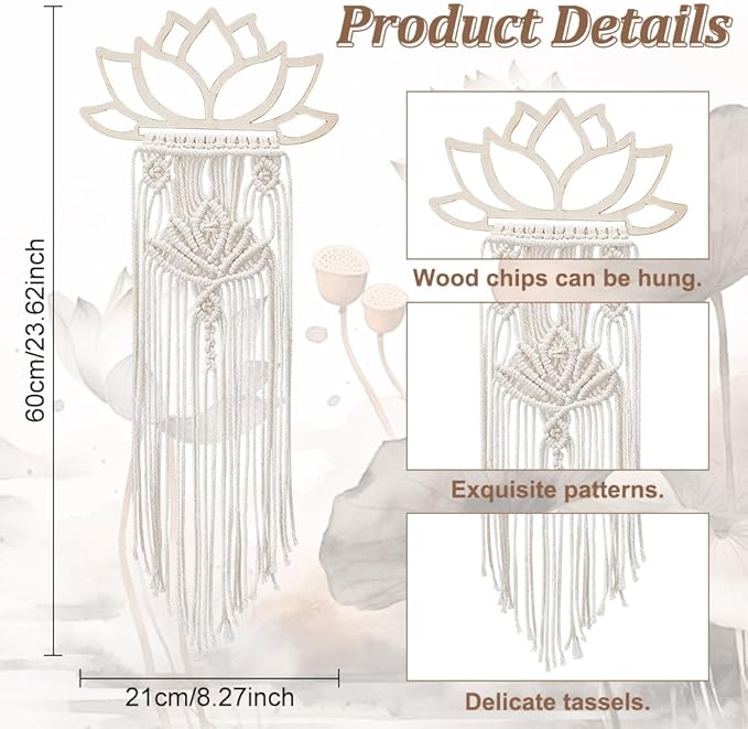 FREEBLOSS 2 Set DIY Macrame Lotus Wall Hanging Kit Macrame Tapestry Wall Hanging with Macrame Frame Lotus Wall Hanging Decor for Living Room Macrame Kit for Beginner with Instruction