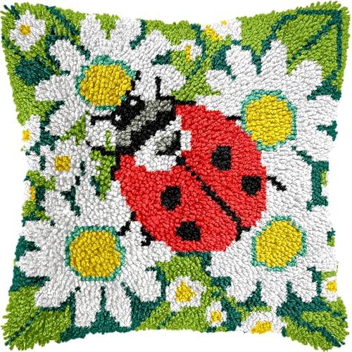 Ladybug Flowers Latch Hook Kits for Adults Kids Beginners Insects Latch Hook Pillow Kit Animals Pre-Printed Latch Hook Rug Kits Cross-stitch Cushion for Home Sofa Decoration 17x17 in. Handmade Gift by VEIROUSA