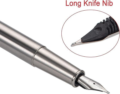 Hongdian 1861 Stainless Steel Fountain Pen Long Blade Nib, Classic Design Smooth Writing Pen with Converter and Metal Pen Case Set