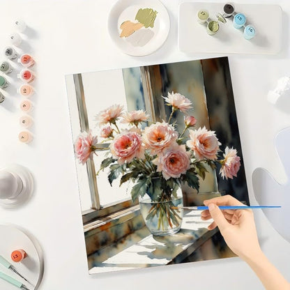 Rose Arrangement Paint by Numbers Kit for Adults - DIY Pink Roses in Vase by Window Painting on Rolled Canvas 16x20 Inches, Acrylic Paint Set, Suitable for Beginners, Art for Home Decoration or Gifts - Image 4