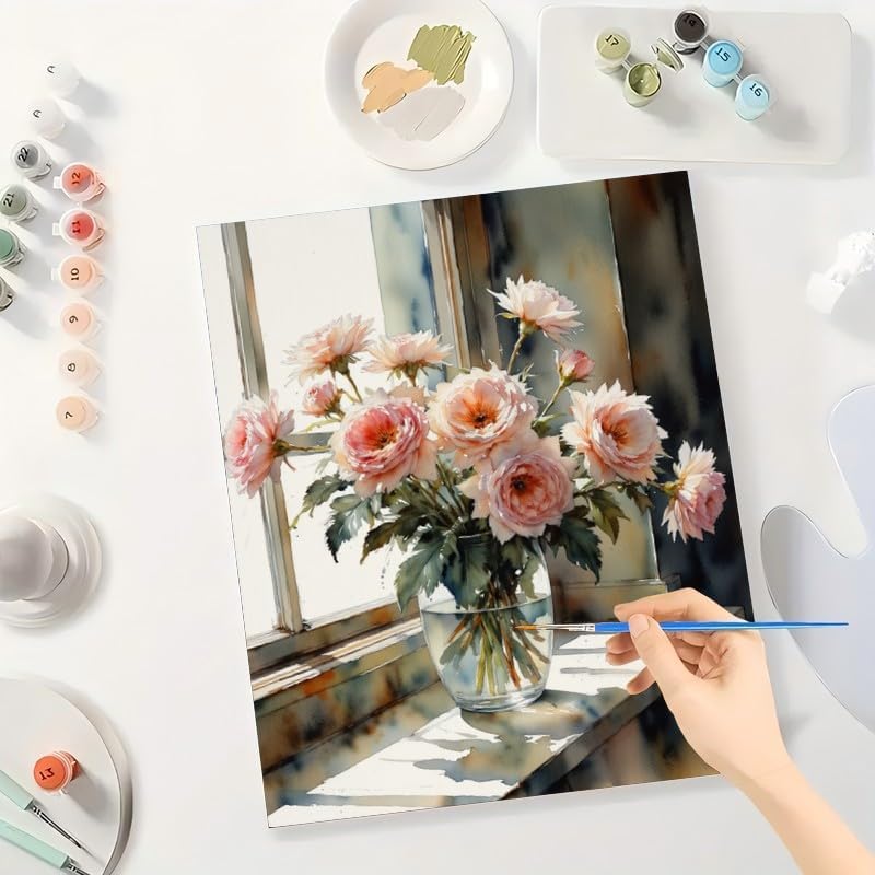 Rose Arrangement Paint by Numbers Kit for Adults - DIY Pink Roses in Vase by Window Painting on Canvas, Acrylic Paint Set, Suitable for Beginners, Art for Home Decoration or Gifts(16X20IN Framed) - Image 3