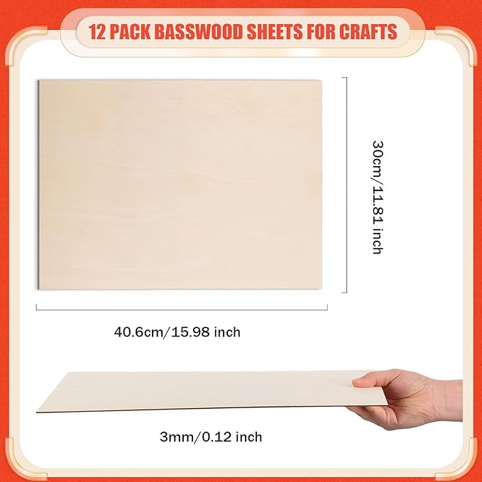 AWIZOM 12 Pack Basswood Sheets for Crafts-12 x 16 x 1/8 Inch- 3mm Thick Plywood Sheets with Smooth Surfaces Unfinished Wood Boards for Laser Cutting, Wood Burning, Architectural Models, Staining