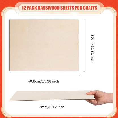 AWIZOM 12 Pack Basswood Sheets for Crafts-12 x 16 x 1/8 Inch- 3mm Thick Plywood Sheets with Smooth Surfaces Unfinished Wood Boards for Laser Cutting, Wood Burning, Architectural Models, Staining