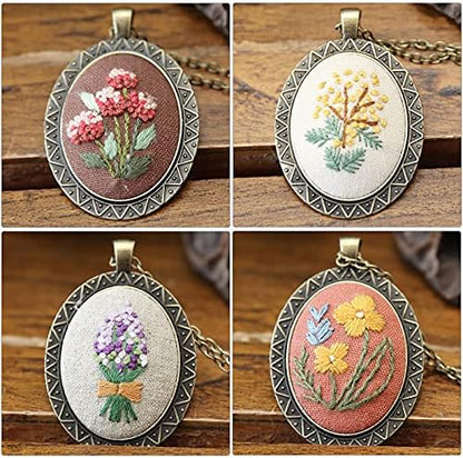 ZOCONE 4 Packs Embroidery Necklace Kits, Embroidery Pendant Kit Mini Cross Stitch Kit with 4 Hoops, Necklace, Pendant, Stamped Pattern Cloth, Instructions, etc., Embroidery Kits for Adults - Image 4