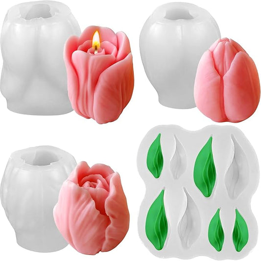 4 PCS Tulip Candle Molds with Leaf Mold, 3D Flower Silicone Molds for Candles Wax Soap Clay Plaster Epoxy Resin Home Decorations