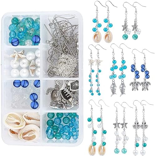 SUNNYCLUE 1 Box DIY 8 Pairs Ocean Theme Earring Making Kits Starfish Shell Sea Turtle Charms Pendants Cowrie Shell & Glass & Synthetical Turquoise Beads for Handmade Earrings Beginner by SUNNYCLUE