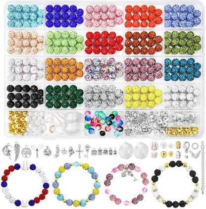 Dowarm 480PCS 10mm Rhinestone Beads Kit for Jewelry Making Baseball Necklace Friendship Bracelet, Round Disco Ball Rhinestone Clay Beading Set with Crackle Spacer Beads Charms for DIY Crafting by Dowarm
