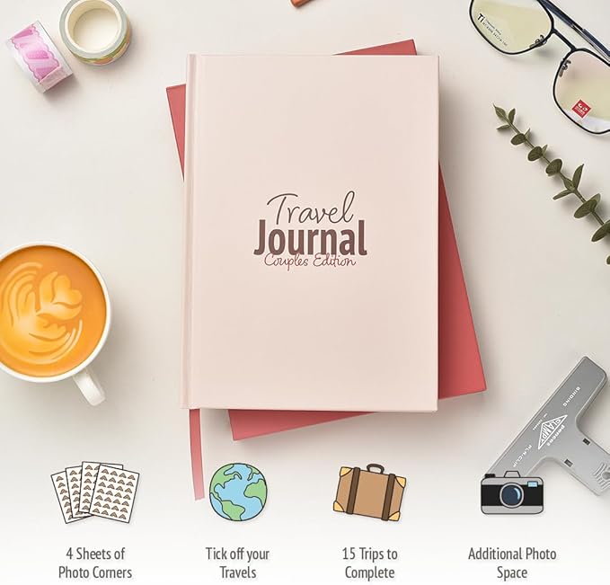 gateway22 Travel Journal Couples Edition - Travel Memory Book, Trip Diary, Photo Album - 136pgs, 15 Trips. Includes Photo Corner Stickers. In Gift Sleeve. Travel Gift for Women and Men - A5 Red