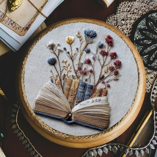 FONNUY Embroidery Kit for Beginners, Flower Book Pre-Stamped Pattern Kits for Adults with Hoop, Cross Stitch Easy to Follow Color Thread Needlework, 8'' Hoop (Blue) - Image 4