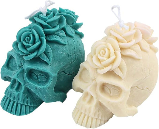 Grainrain 3D Skull Rose Flower Design Silicone Candle Mold Decorated Pillar Candle Mould Handcrafted Silicone Molds for Candle Wax Resin Gyspum Crafts Making (G40)