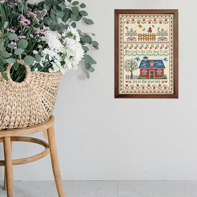 FREEBLOSS Cross Stitch Wall Hanging Kits Stamped Embroidery Starter Kits Pre Printed Stitches Practice Kit with Instructions for Beginners Cross Stitching Decor Joy in The Journey