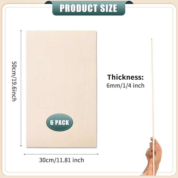 6 Pack 12 x 20 x 1/4 Inch-6mm Thick Basswood Sheets for Crafts Unfinished Plywood Sheets Boards Square Crafts Wood Sheets for DIY Laser Projects, Wood Burning, Engraving, Staining, Architectural Mode