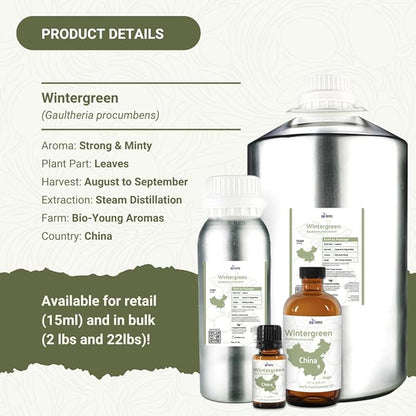 Nature Packaged Wintergreen Essential Oil - Direct from Bio-Young Aromas China - Steam Distilled - Aceite de Gaulteria for Aromatherapy, Massage, Diffuser, DIY Candle and Soap Making - 8oz