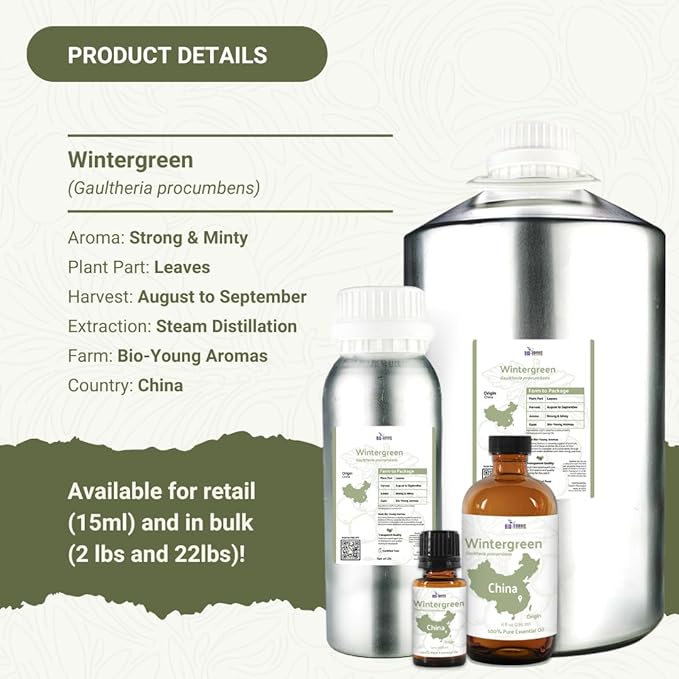 Nature Packaged Wintergreen Essential Oil - Direct from Bio-Young Aromas China - Steam Distilled - Aceite de Gaulteria for Aromatherapy, Massage, Diffuser, DIY Candle and Soap Making - 15ml