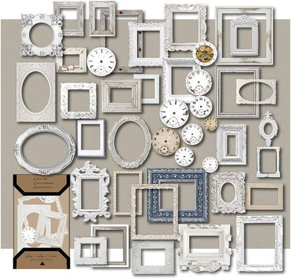 CATaireen Vintage Junk Journal Items Kit Pre Cut Paper Cards Cutout Cardstock Art Aesthetic Decor Hollow Out Craft Elements Small Embellishments Supplies for Adults Scrapbook Pack (Photo Frame White) by CATaireenforScrapbooking