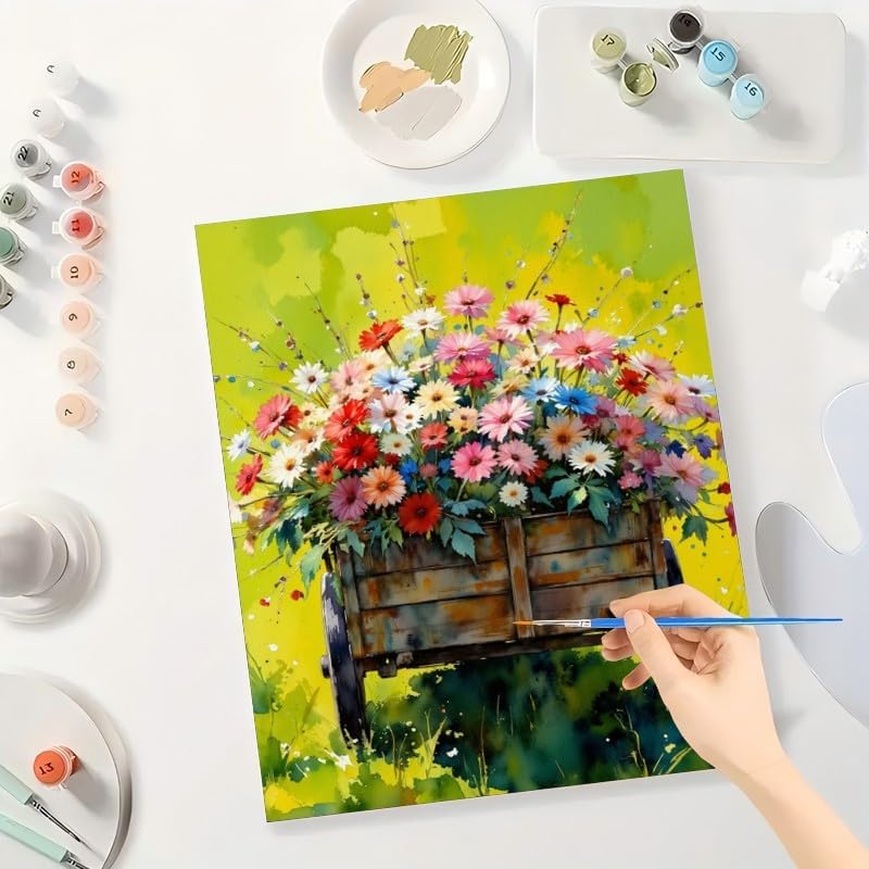 TAOPAOLAB Garden Flowers Paint by Numbers Kit for Adults - DIY Colorful Wildflowers in Wooden Cart Painting on Canvas 16x20In, Acrylic Paint Set, Suitable for Beginners, Art for Home Decoration/Gifts - Image 3