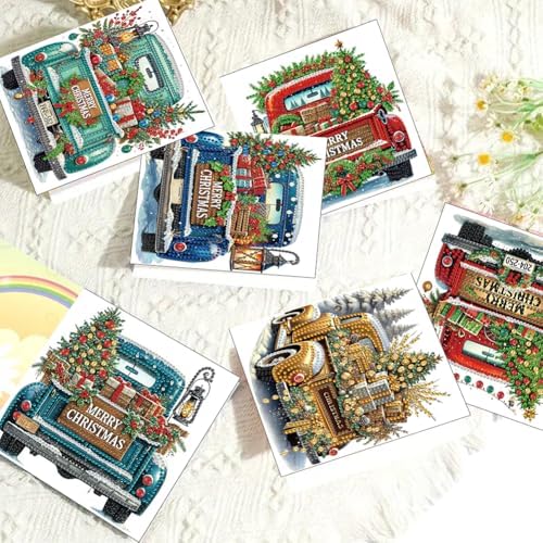 Diamond Art Painting Cards, 6 Pack Gem Art Greeting Cards with Envelopes, 5D Diamond Dots Kits Birthday Cards Making Kits for Adults Family Friends Birthday Gifts 6pcs(Christmas Car) - Image 4