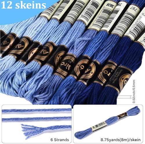 105 Yards 12 Skeins Gradient 6 Strands Marine Blue Cross Stitch Thread Polyester Variegated Embroidery Floss Friendship Bracelet String Assorted Bulk for Hand Sewing Making Knitting Supply - Image 2