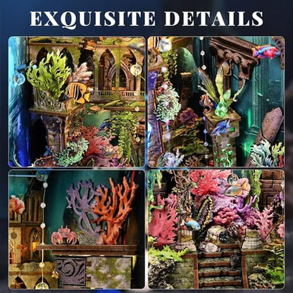 fifijoy Book Nook Kit - DIY Miniature Dollhouse Kit for Adults and Teens, 3D Wooden Puzzle Bookend with LED Light, Creative Bookshelf Decor Gifts for Family and Friends (Lost City of Atlantis) - Image 3