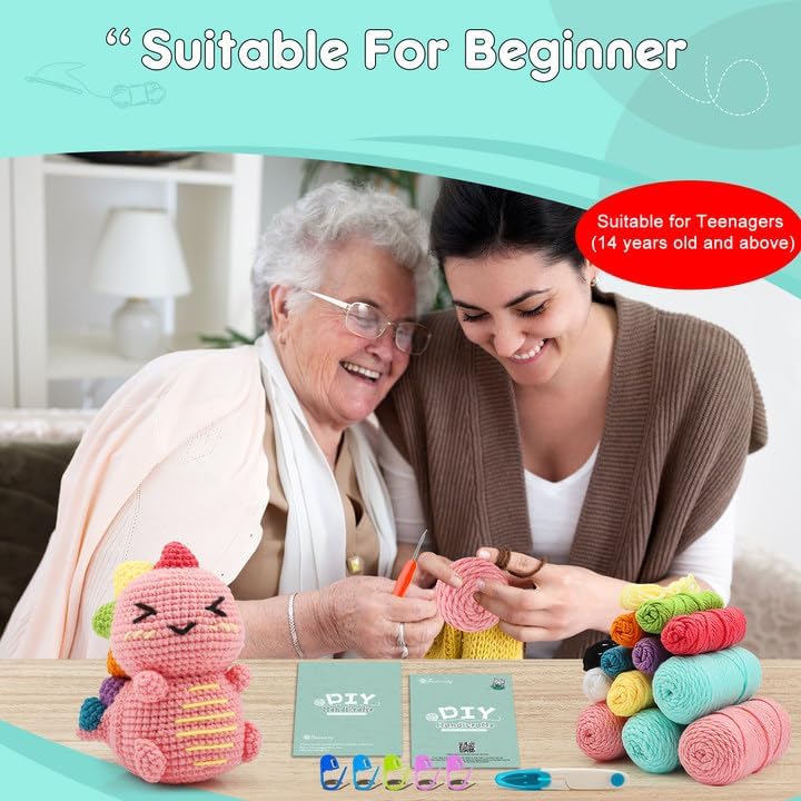 Faircosy Dinosaur Crochet Kit for Beginners: 2PCS Crochet Animal Kits for Adults - Learn to Crocheting Cute Amigurumi Starter Kit with Written Pattern & Video Tutorials (40%+ Yarn Extra) - Image 7