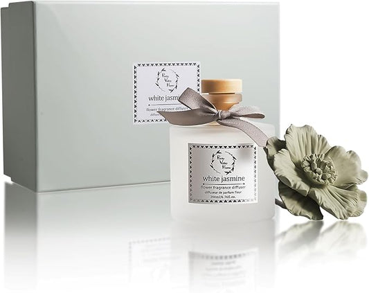 Pretty Valley Home Reed Diffuser Sets, 6.76 Fl. Oz / 200ML Ceramic Diffuser Flower Gift Box, Home Reed Diffuser for Bathroom Office Bathroom Living Room Decor (White Jasmine Green)