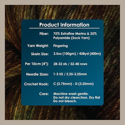 KnitPro Symfonie Hand Dyed Yarn | Extra Fine Merino Wool & Polyamide Blend for Knitting & Crocheting, Fingering Weight, Oeko-TEX Certified 400m, 100g Skein | Terra Variegated Wilderness