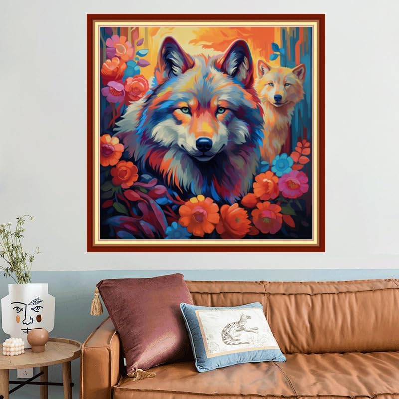 Joyhoor Stamped Cross Stitch Kits for Beginners, Needlepoint Kits for Adults, 11CT Counted Embroidery Kits-Rainbow Wolf 18x18 inchs - Image 2