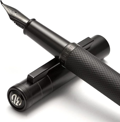 Brushed Black Forest Fude Pen, Bent Nib Calligraphy Fountain Pen (Fine to Broad) with Converter and Metal Box Set by Asvine