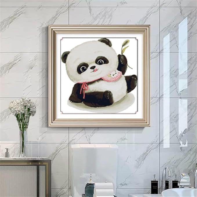 JOYSEWING Cute Panda Stamped Kits Counted Cross Stitch Chinese Printed Embroidery Starter Kits for Beginners DIY Home Decoration Set Printed Pattern Canvas (Panda(14CT) 18.50 ×19.29 inch)