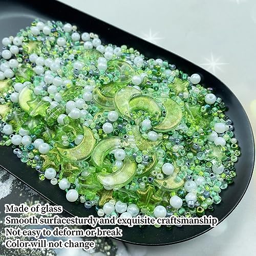Assorted Glass Beads for Jewelry Making Multi Size Colors Glass Star Moon Seed Pearl Spacer Beads for Bracelets Necklace Earring Making(White Light Green) - Image 3
