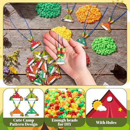 TICIAGA Camping Beaded Necklace Craft - 24 Pack Summer Camping Jewelry Making Set with Colorful Beads and Wooden Tent Name Tags Nature Explorer Vbs Classroom Activities & Outdoor Adventure Party Favor - Image 4