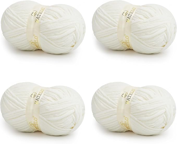 Chenille Yarn for Crocheting & Knitting 880 Yards, Soft Thick Fluffy Bulky Blanket Yarn, 4 Pack of 10.5oz(White)