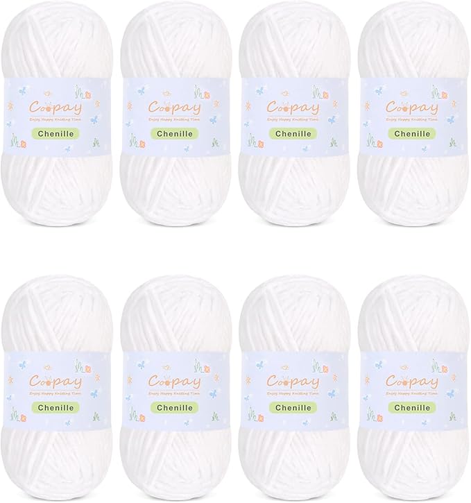 Coopay Chenille Yarn for Crocheting/Knitting, 8 Pack Medium Worsted Weight Yarn of 50g/1.76oz - Total 520yd, Soft Velvet Crochet Yarns for Plush Toys, Baby Blankets, Scarves (White)