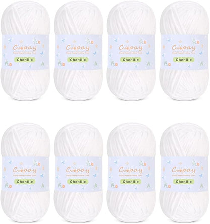 Coopay Chenille Yarn for Crocheting/Knitting, 8 Pack Medium Worsted Weight Yarn of 50g/1.76oz - Total 520yd, Soft Velvet Crochet Yarns for Plush Toys, Baby Blankets, Scarves (White)