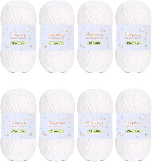 Coopay Chenille Yarn for Crocheting/Knitting, 8 Pack Medium Worsted Weight Yarn of 50g/1.76oz - Total 520yd, Soft Velvet Crochet Yarns for Plush Toys, Baby Blankets, Scarves (White)
