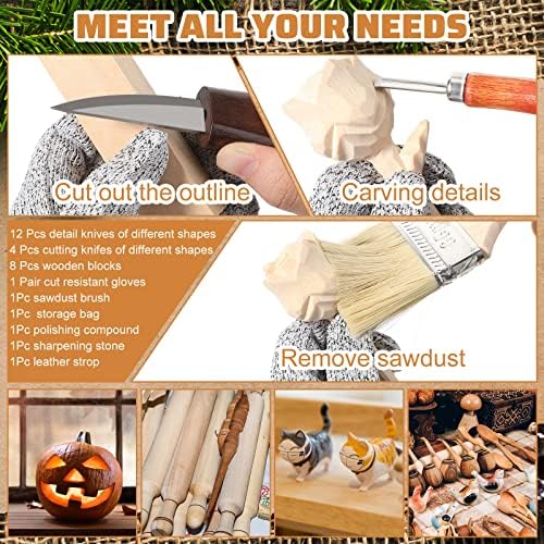 30 Pcs Wood Carving Tools Whittling Kit Include Hand Carving Knife Set Wood Blocks Cut Resistant Gloves Sawdust Brush Sharpening Stone Polishing Wax Sharpening Leather Storage Bag for Beginners - Image 5