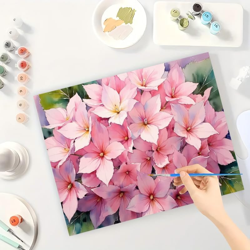 Floral Paint by Numbers Kit for Adults - DIY Pink Hydrangea Blossom Painting on Canvas 16x20 Inches, Acrylic Paint Set, Suitable for Beginners, Botanical Art for Home Decoration or Gifts - Image 3