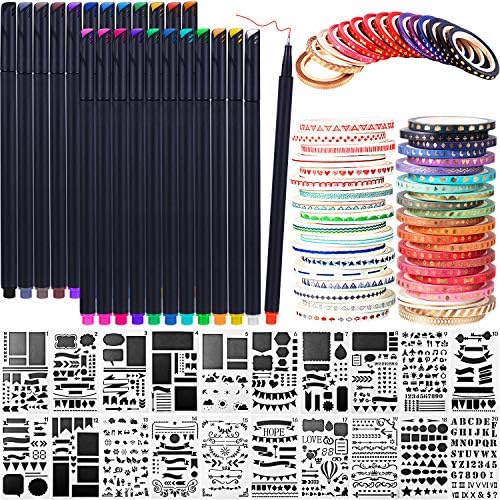 Honoson 48 Pack Scrapbooking Supplies Kit Scrapbook Tools and Supplies Journal Stencil Washi Tape and Journal Planner Pen for Notebook Diary DIY Plastic Drawing Template by Honoson