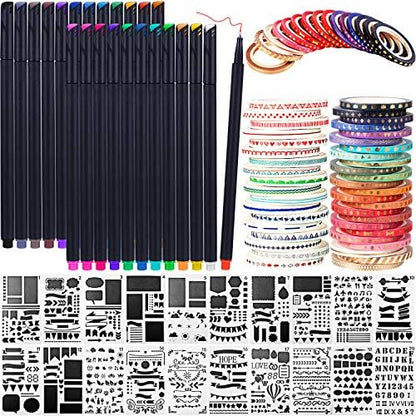 Honoson 48 Pack Scrapbooking Supplies Kit Scrapbook Tools and Supplies Journal Stencil Washi Tape and Journal Planner Pen for Notebook Diary DIY Plastic Drawing Template by Honoson